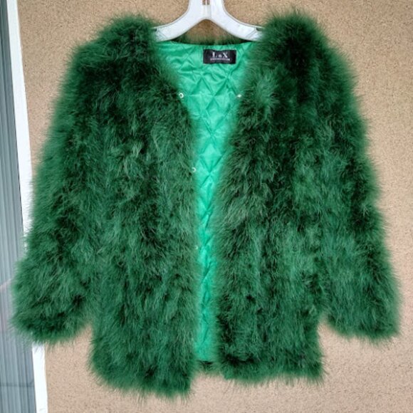Bold Emerald Green Faux Feather Glam Statement Jacket Coat Holiday Festive XS - Picture 3 of 8